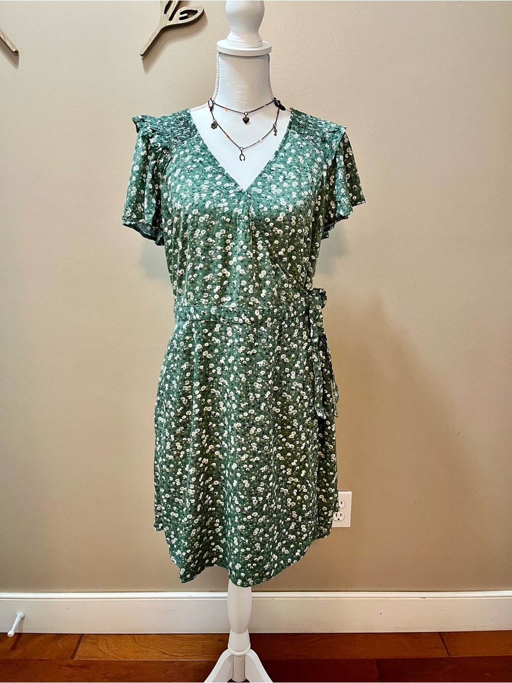 Universal Thread Green Floral Wrap V-Neck Dress